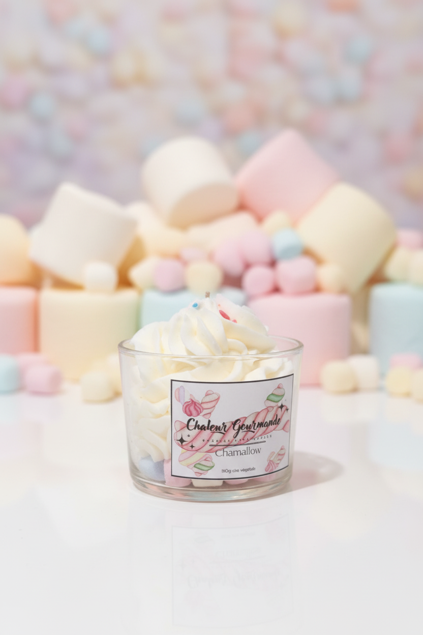 Bougie Chamallow avec fond de marshmallows