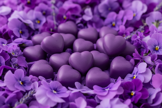 Cœurs violets sur lit de violettes
